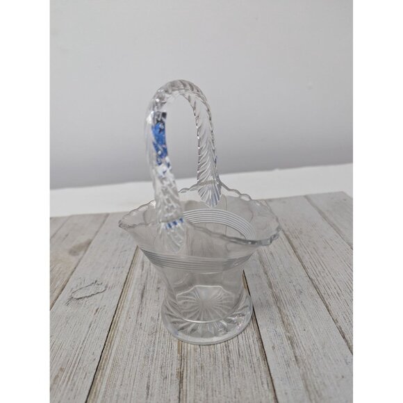 Duncan & Miller Glass Basket Etch Clear Feather Handle Brides Vintage - Picture 3 of 9